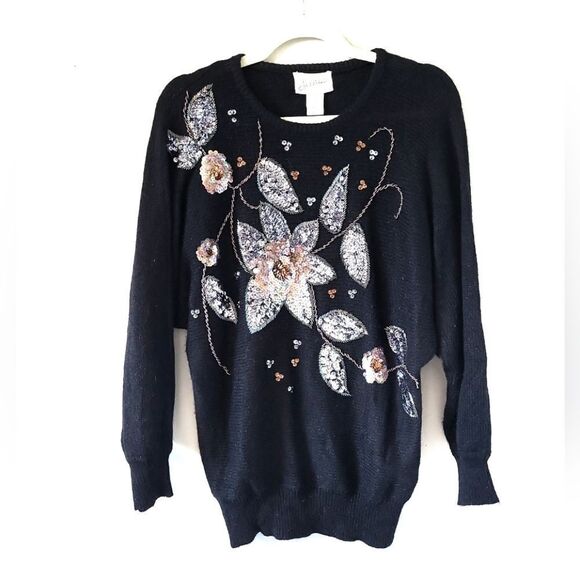 Vintage Black Knit Sequin Sweater - Picture 1 of 5